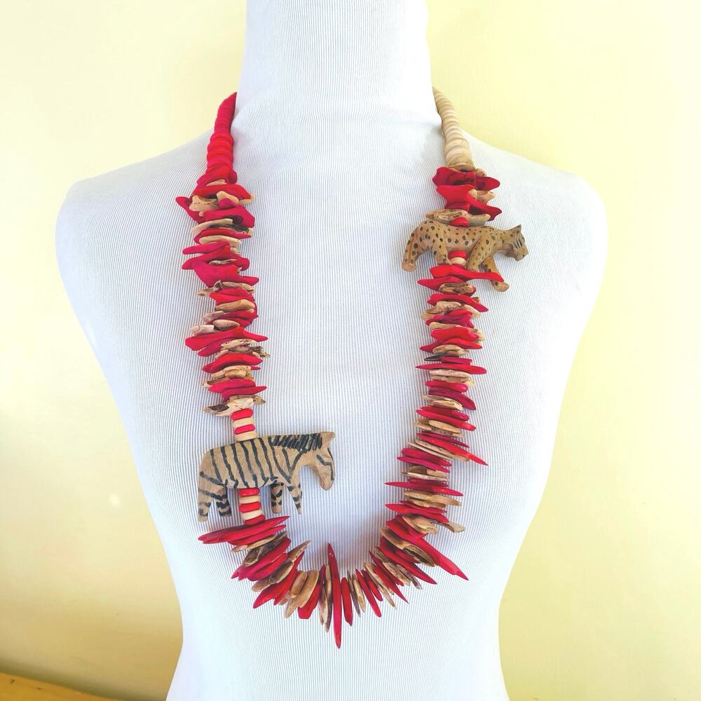 Artisan Safari Wood Carved Wood Cheetah Zebra Disc Necklace African Tribal Boho - Picture 5 of 11